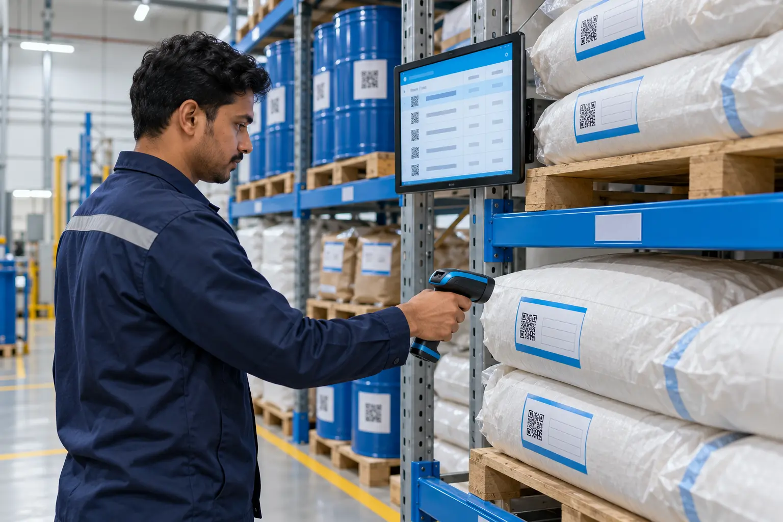 ChatGPT Image Sep 29, 2026, 12_35_00 PM Warehouse operator scanning a QR batch label on a raw material sack, showing batch traceability in a manufacturing plant