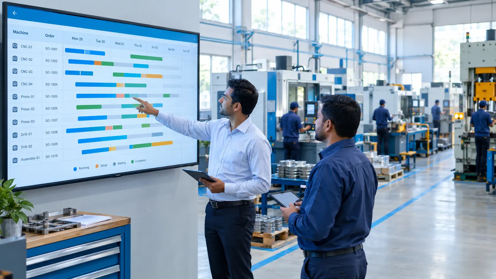 Factory Production Planning Dashboard Production planner reviewing an ERP production planning schedule on a large screen beside machines on a factory floor