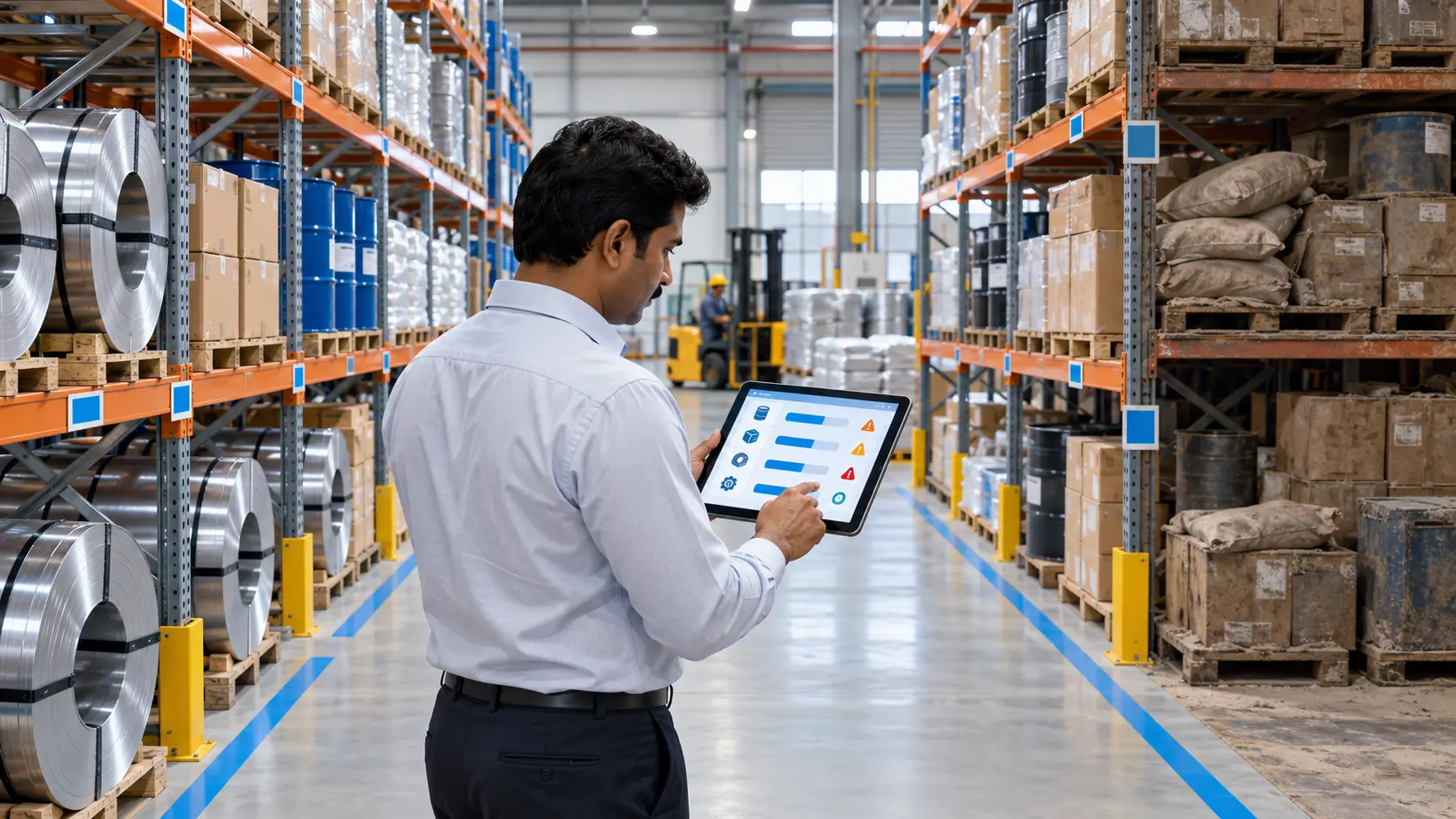 Warehouse Inventory Inspection Dashboard Stores manager checking live inventory control data on a tablet between organised raw material racks in a factory